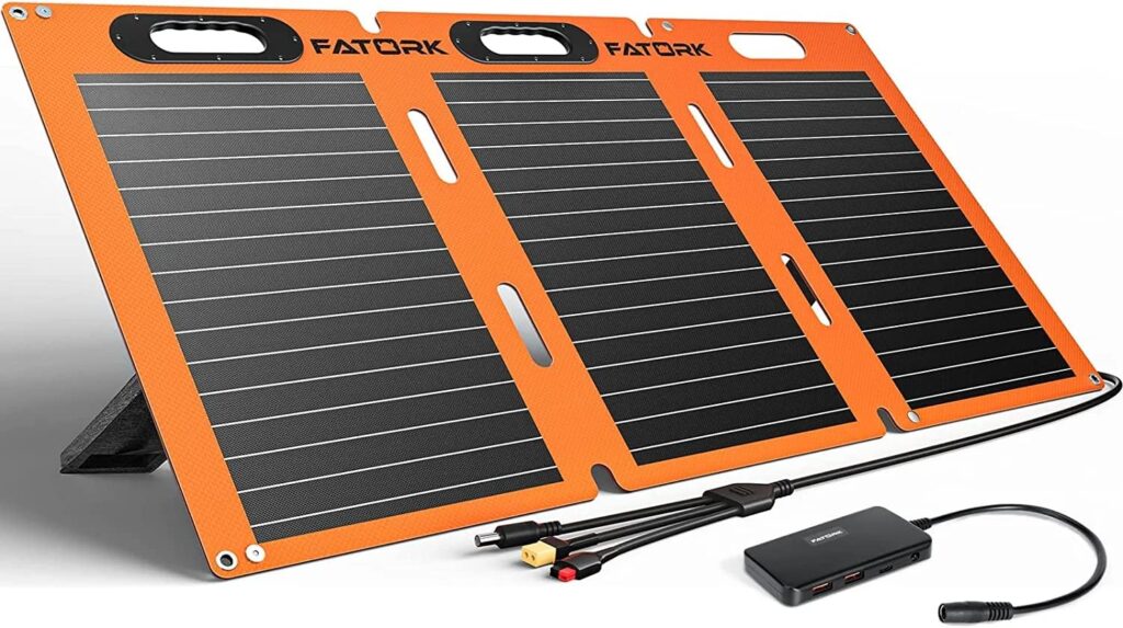 100W Solar Panels, FATORK Portable Solar Panel Kit Foldable 3-in-1 Output Cords Solar Panel Charger with Adjustable Foot Pedal for Homes, Camping, RV, Fishing