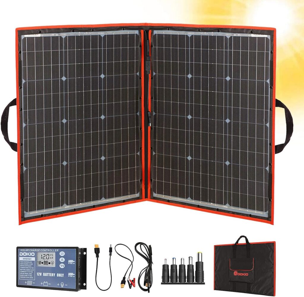 DOKIO 110w 18v Portable Foldable Solar Panel Kit (21x28inch, 5.9lb) Solar Charger With Controller 2 Usb Output To Charge 12v Batteries/Power Station (AGM, Lifepo4) Rv Camping Trailer Emergency Power
