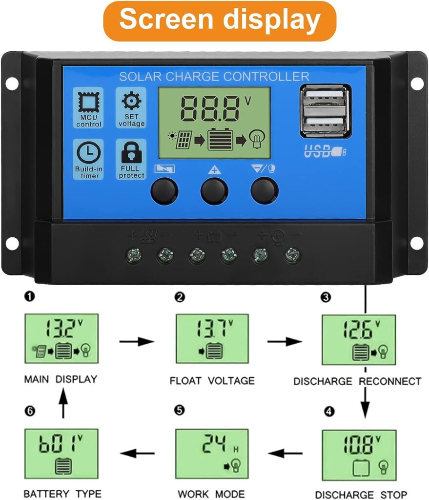 EEEKit 100A Solar Charge Controller, 12V/24V Solar Panel Charge Controller Intelligent Regulator with 5V Dual USB Port Display Adjustable PWM Auto Parameter LCD Display and Timer Setting