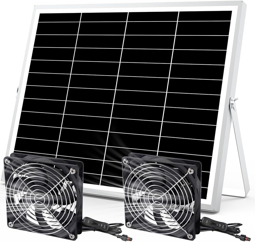 pqins 20W Solar Powered Fan, Solar Exhaust Intake Fan Kit, IPX7 Waterproof Dual Fans with 13Ft On/Off Switch Cable, Cooling Ventilation for Greenhouse, Chicken Coop, Shed, Pet House, Outside/Inside