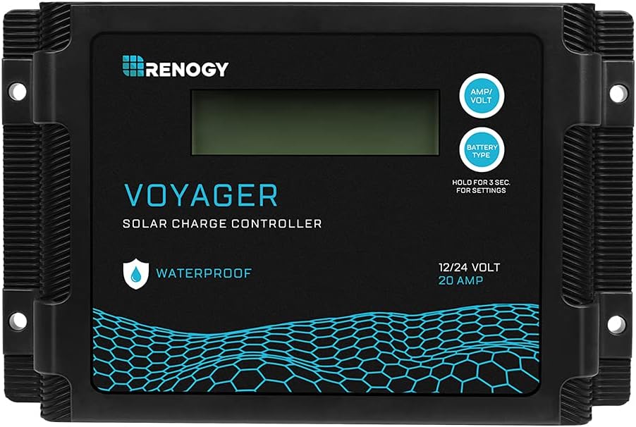 Renogy Voyager 10A 12V/24V PWM Waterproof Solar Charge Controller w/ LCD Display for AGM, Gel, Flooded and Lithium Battery, Used in RVs, Trailers, Boats, Yachts, Voyager 10A, Blue/Black