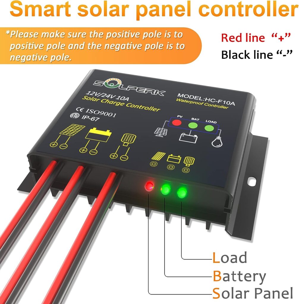SOLPERK 10A Solar Charge Controller Waterproof Solar Panel Controller 12V/24V PWM Solar Panel Battery Intelligent Regulator for RV Boat car ，with LED Display