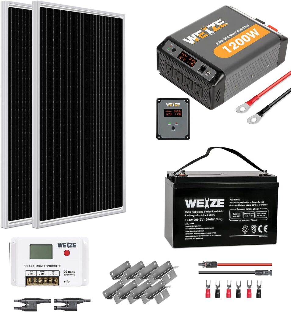 Weize 12V 200W Solar Panel Kit - Includes 1200W Pure Sine Wave Inverter, 100AH AGM Battery and 30A PWM Charge Controller for Home, Camping, RV, Boat, Power up Your Off-Grid Lifestyle